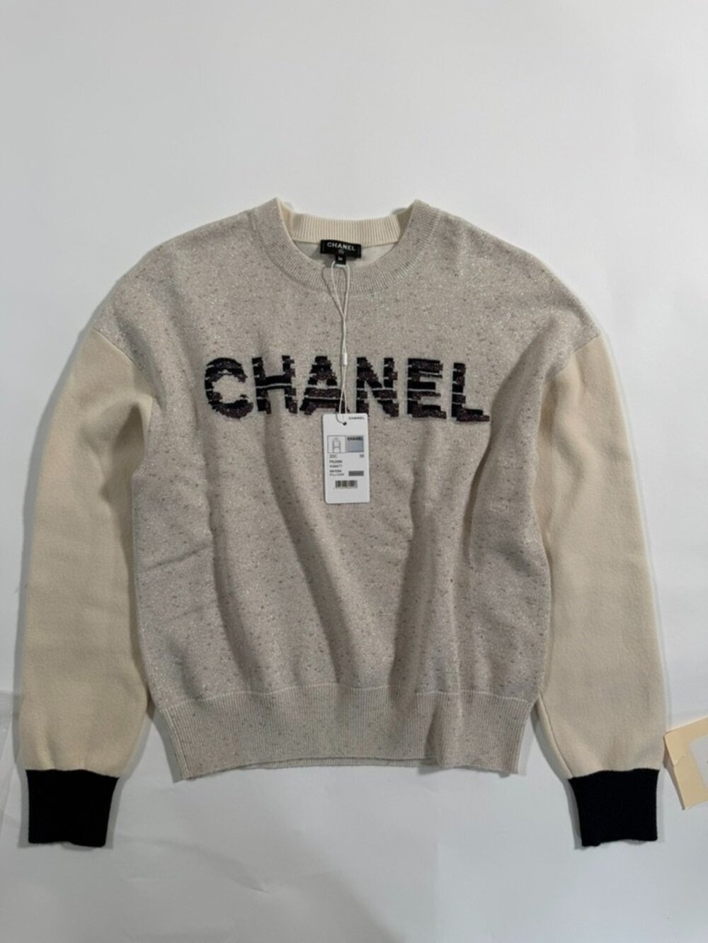 NWT CHANEL 20C Logo Sequin Cashmere Blend Pullover Sweater Size 36